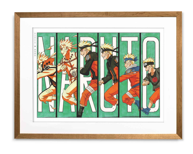 Naruto anime artwork by Masashi Kishimoto showing Naruto through different forms – Naruto anime poster