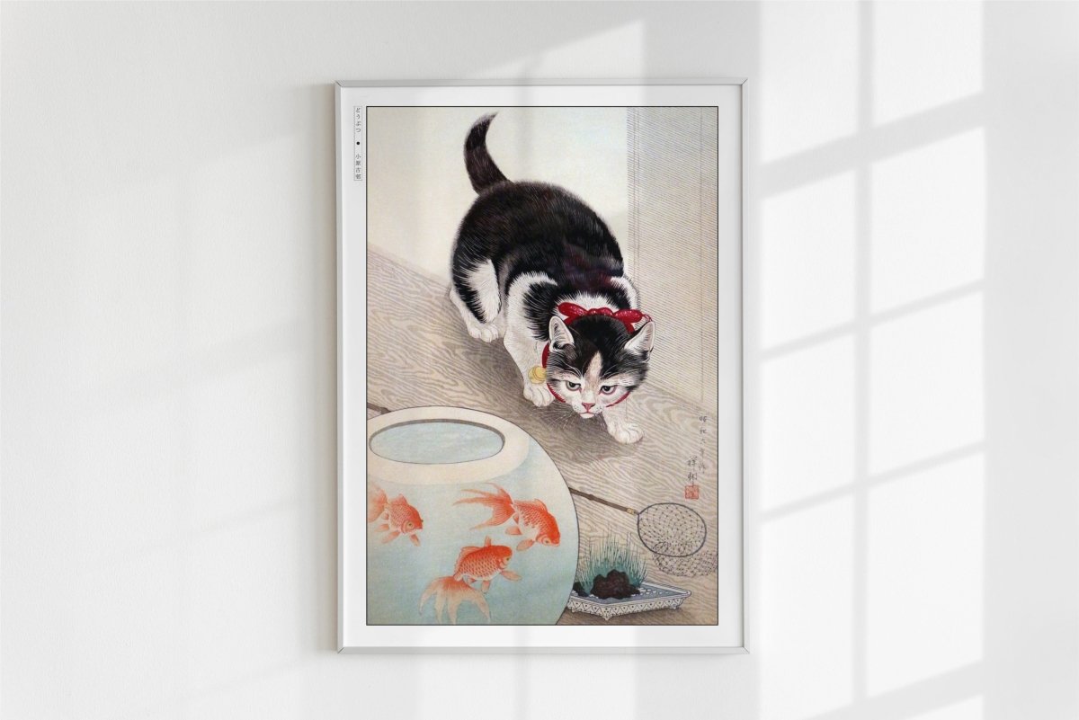 Ohara Koson - Cat & Goldfish - Art Only - White Frame