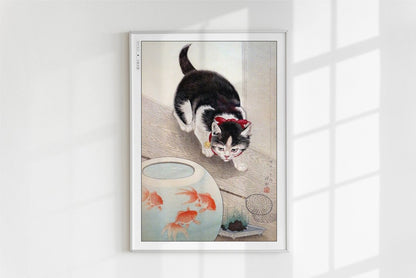 Ohara Koson - Cat & Goldfish - Art Only - White Frame