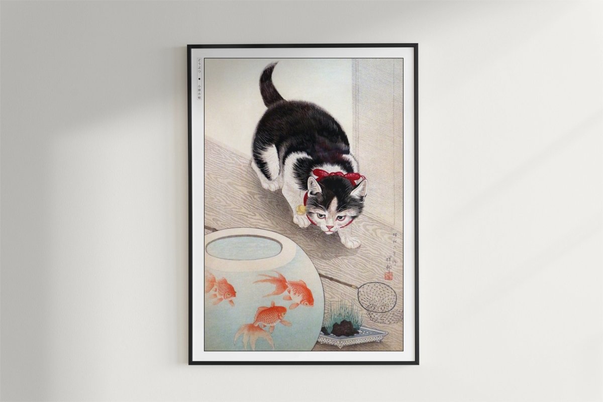 Ohara Koson - Cat & Goldfish - Art Only - Black Frame