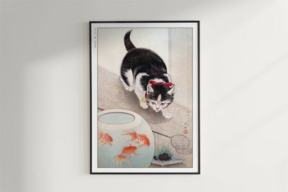 Ohara Koson - Cat & Goldfish - Art Only - Black Frame
