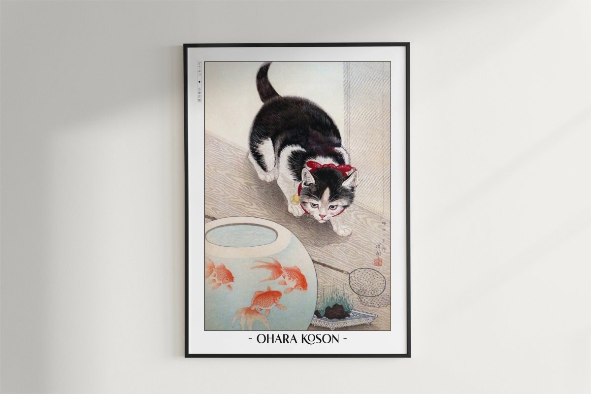Ohara Koson - Cat & Goldfish - Artist Name - Black Frame