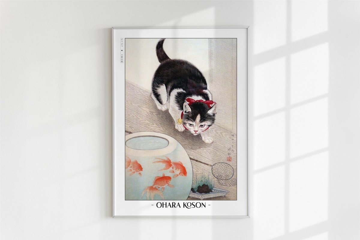 Ohara Koson - Cat & Goldfish - Artist Name - White Frame