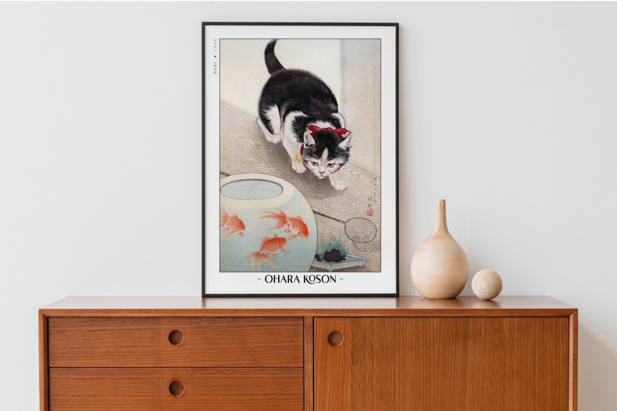 Ohara Koson - Cat & Goldfish - Artist Name with Decor