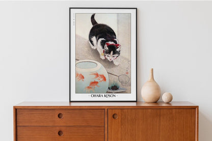 Ohara Koson - Cat & Goldfish - Artist Name with Decor