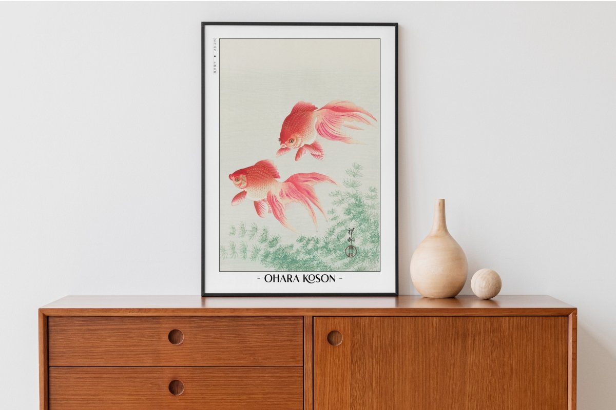 Ohara Koson - Two Veil Goldfish - Artist Name with Decor