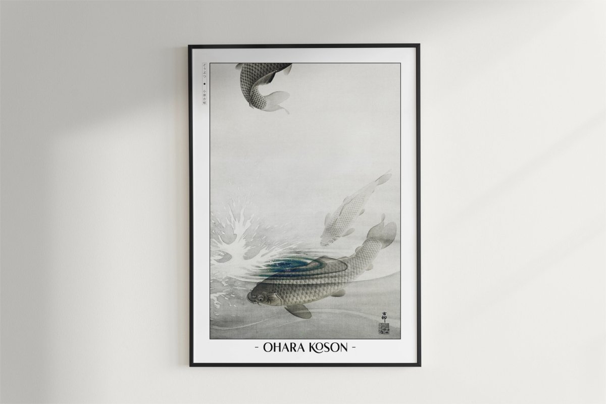Ohara Koson - Three Carps - Artist Name - Black Frame