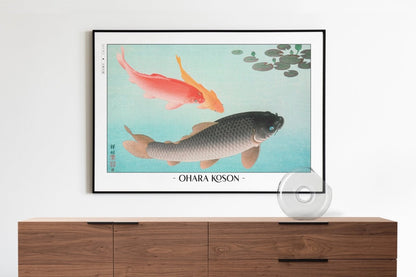 Ohara Koson - Common & Golden Carp - Artist Name with Decor