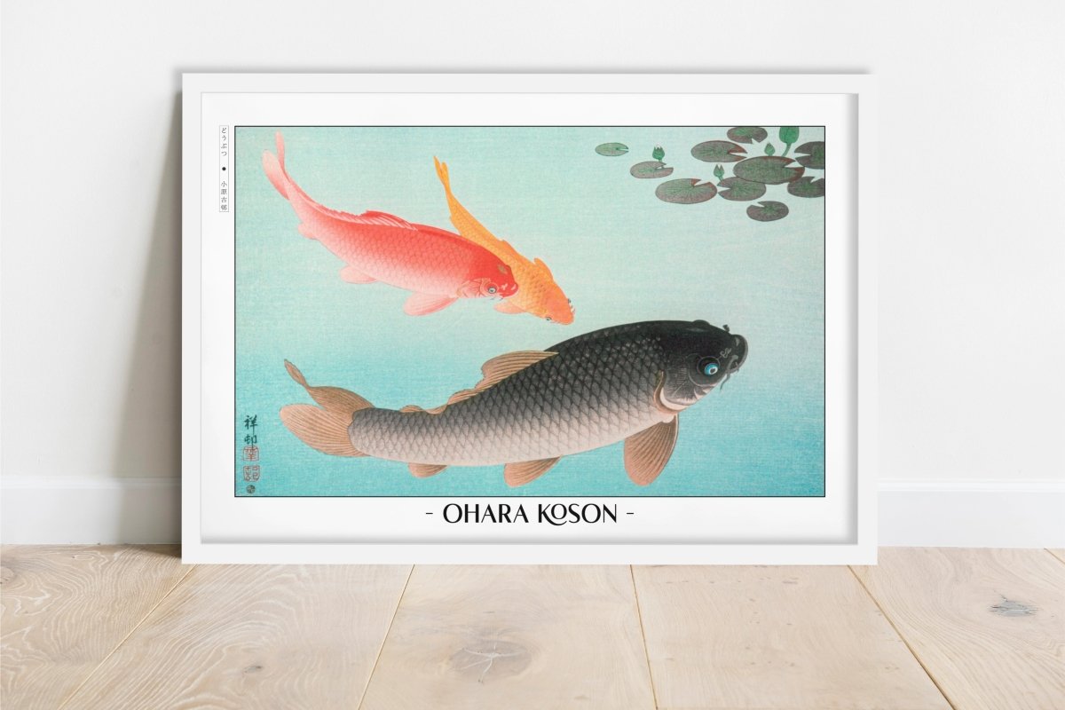 Ohara Koson - Common & Golden Carp - Artist Name - White Frame