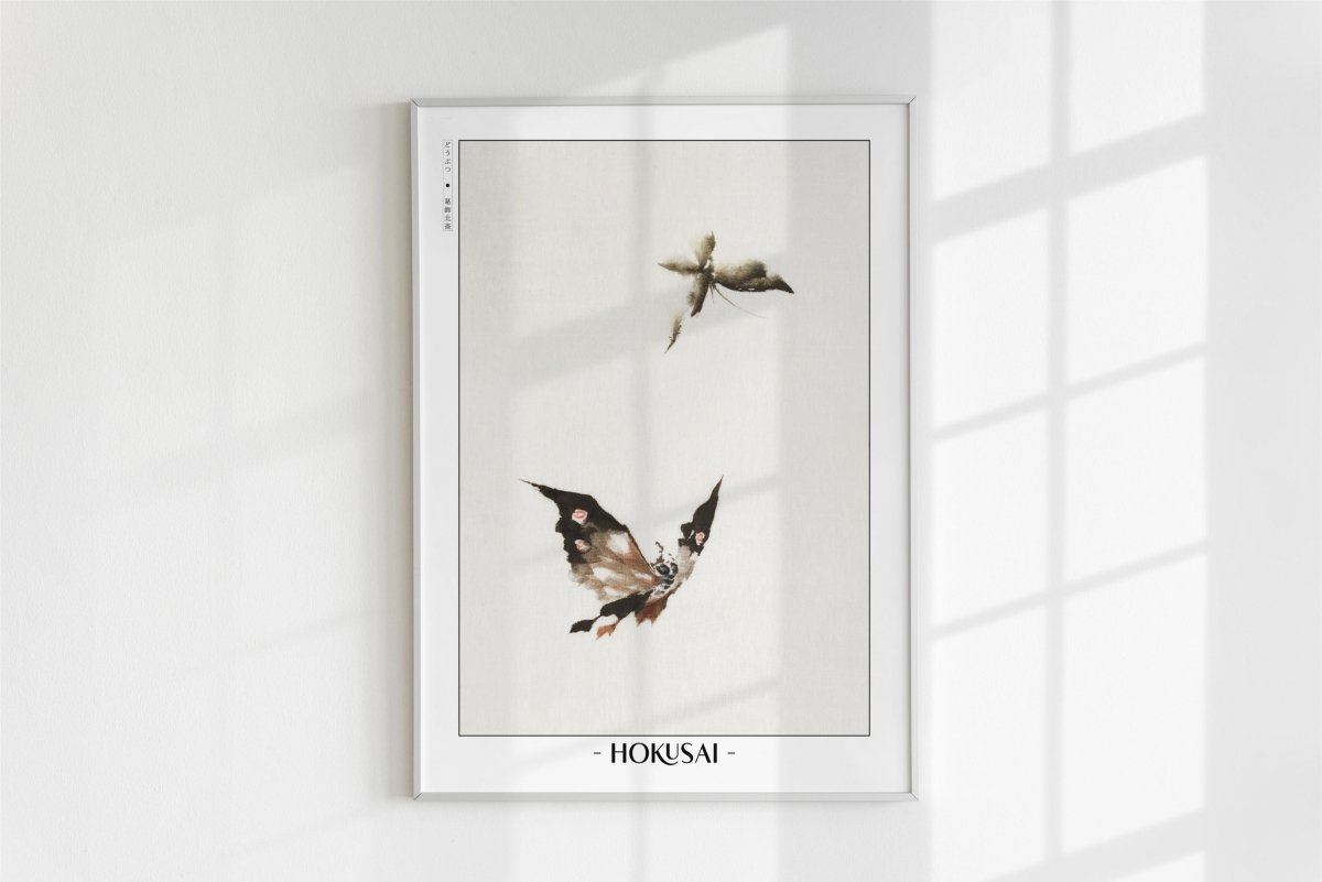 Hokusai - Butterflies & Moths - Artist Name - White Frame