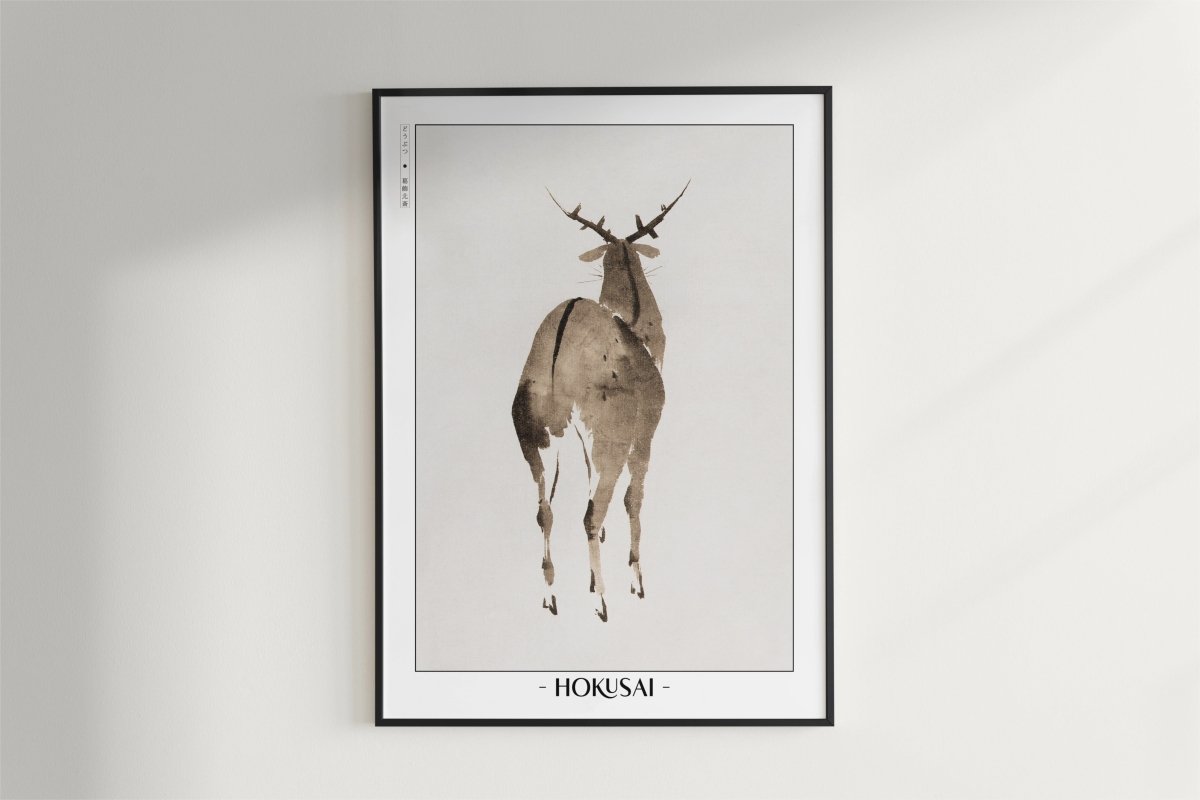 Hokusai - Deer - Artist Name - Black Frame