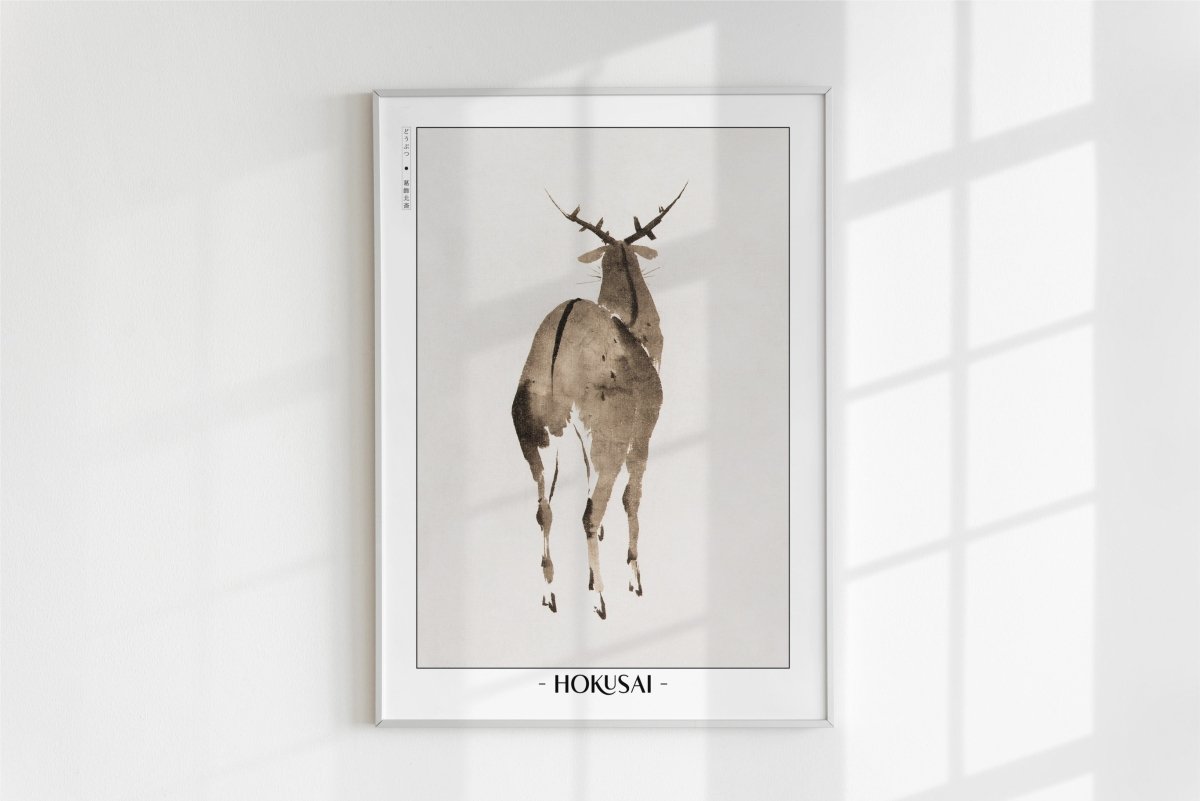 Hokusai - Deer - Artist Name - White Frame