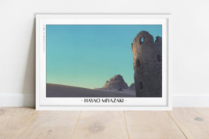Studio Ghibli - Morning over Ruins - Artist Name - White Frame
