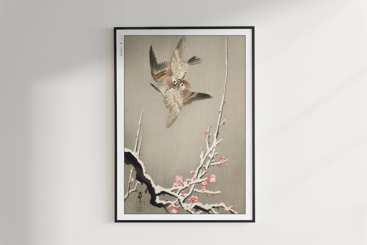Ohara Koson - Sparrows & Snowy Plum Tree - Art Only - Black Frame