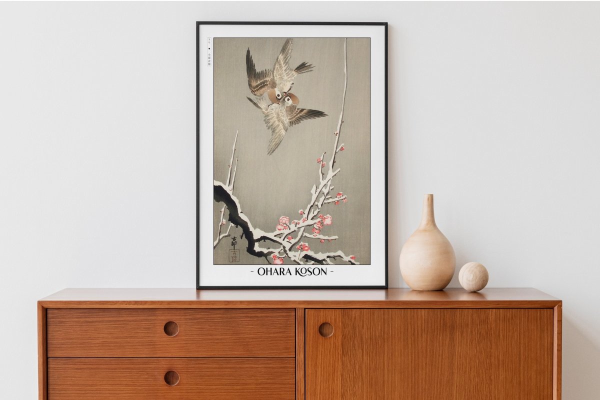 Ohara Koson - Sparrows & Snowy Plum Tree - Artist Name with Decor