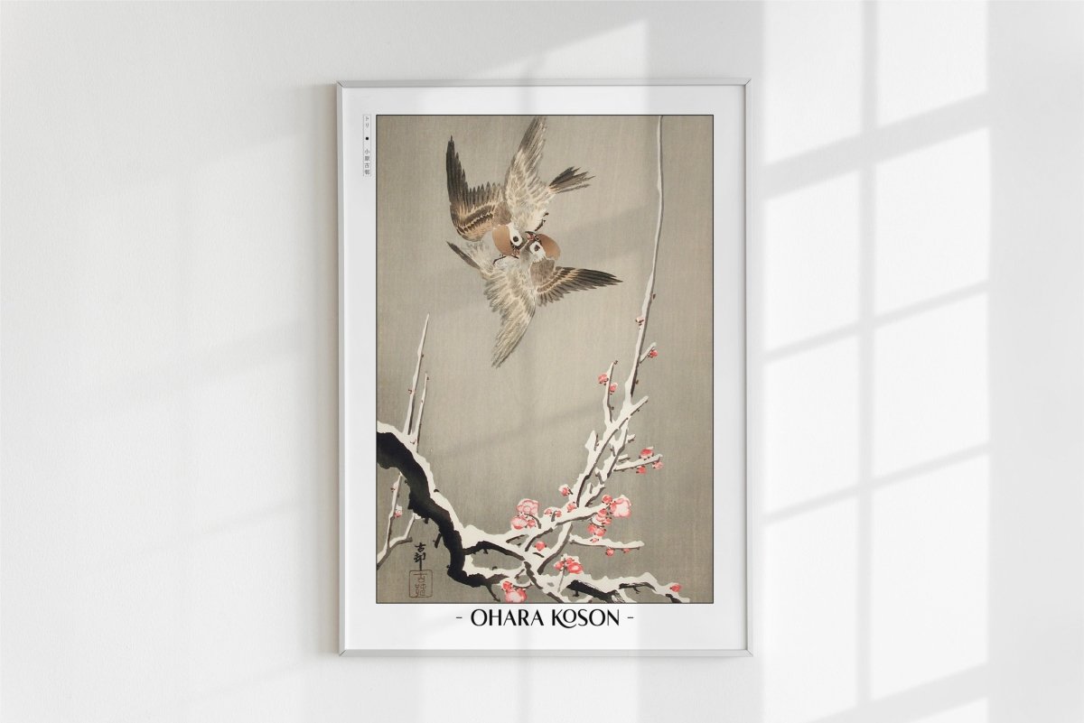 Ohara Koson - Sparrows & Snowy Plum Tree - Artist Name - White Frame