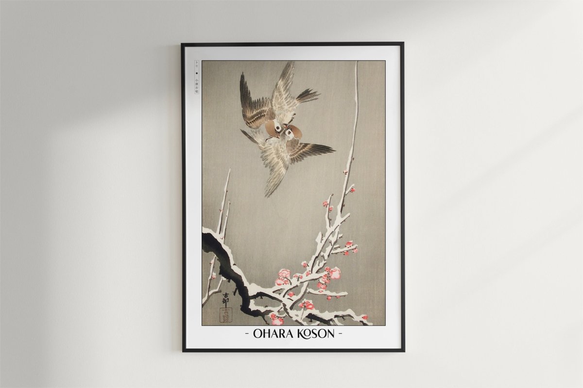 Ohara Koson - Sparrows & Snowy Plum Tree - Artist Name - Black Frame