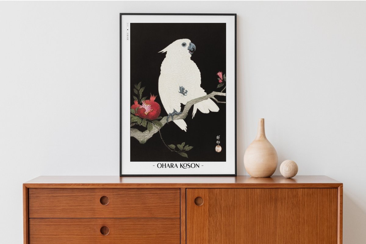 Ohara Koson - Cockatoo & Pomegranate - Artist Name with Decor