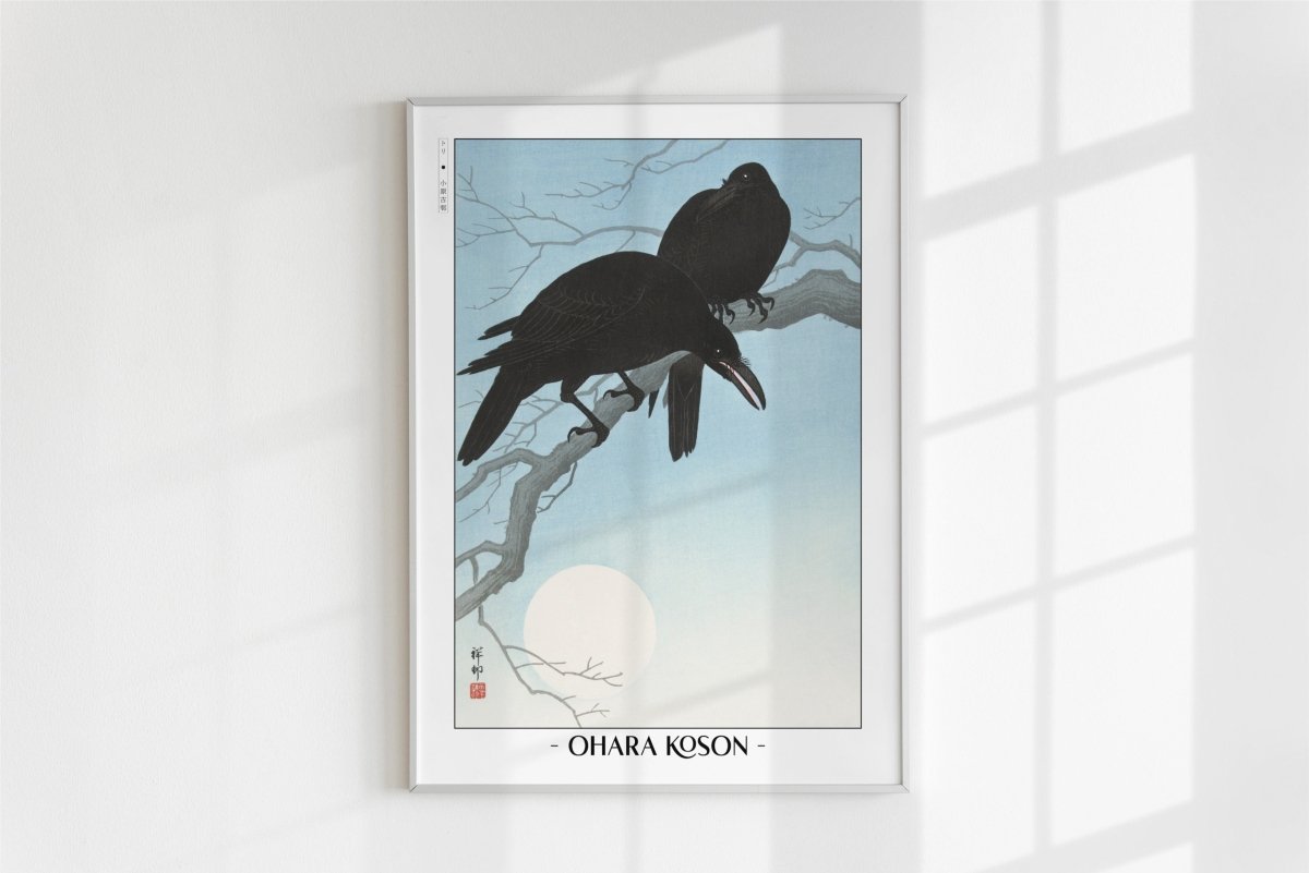 Ohara Koson - Two Crows on a Branch - Artist Name - White Frame