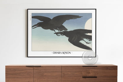 Ohara Koson - Crows at Full Moon - Artist Name with Decor