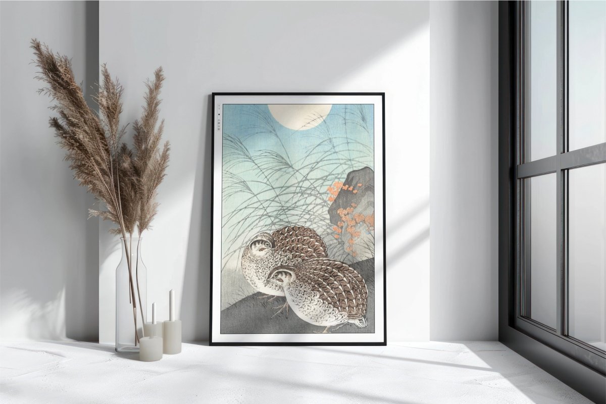 Ohara Koson - Two Quails at Full Moon - Art Only with Decor
