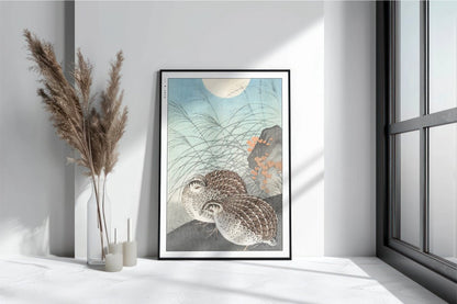 Ohara Koson - Two Quails at Full Moon - Art Only with Decor