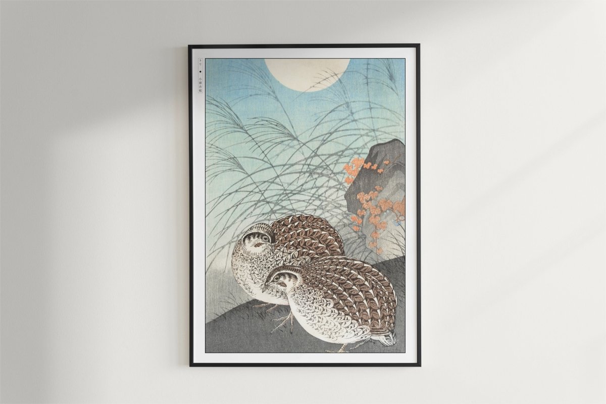Ohara Koson - Two Quails at Full Moon - Art Only - Black Frame