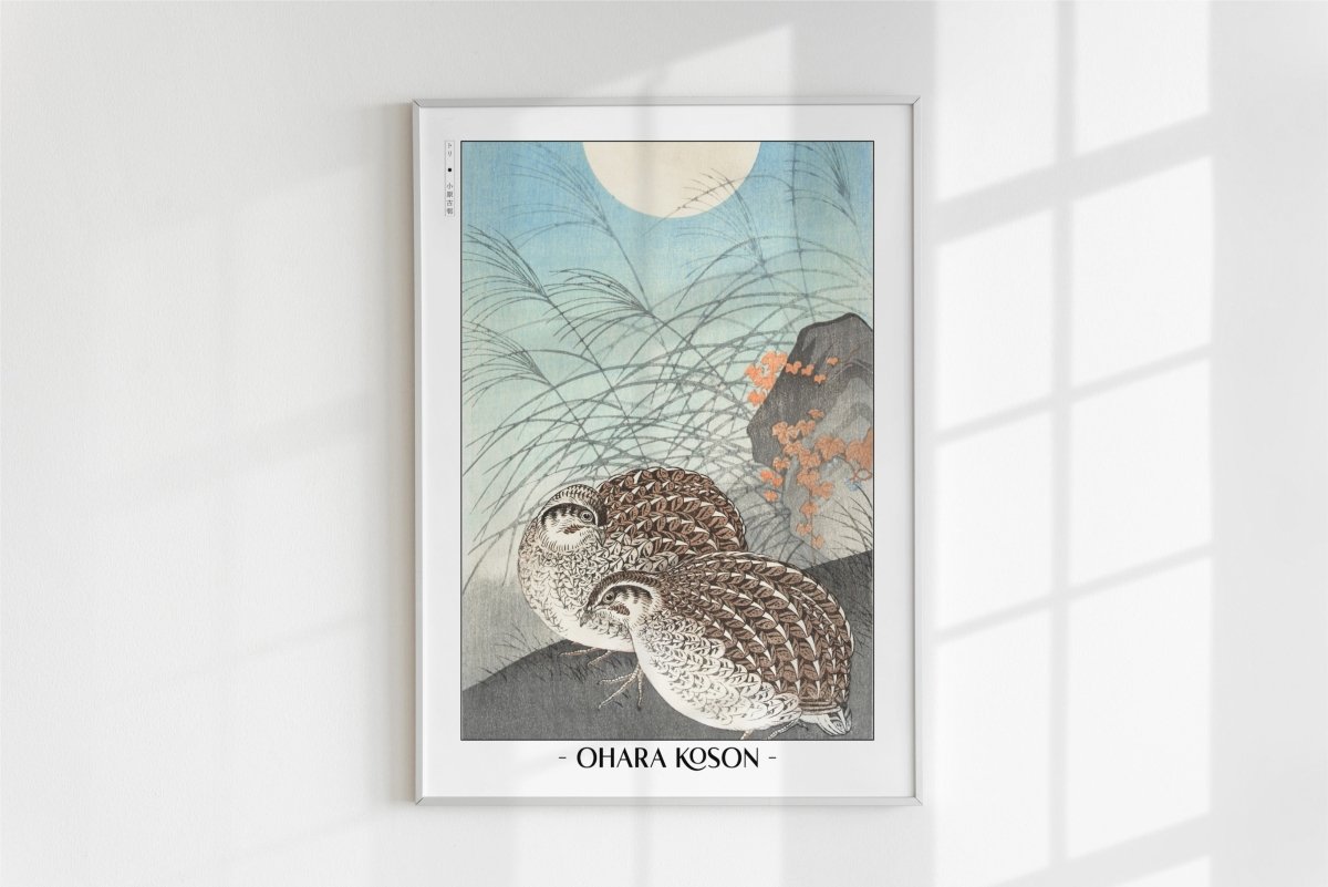 Ohara Koson - Two Quails at Full Moon - Artist Name - White Frame