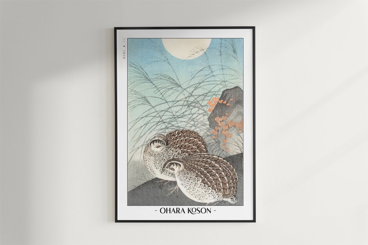 Ohara Koson - Two Quails at Full Moon - Artist Name - Black Frame