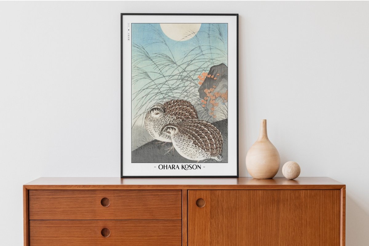 Ohara Koson - Two Quails at Full Moon - Artist Name with Decor