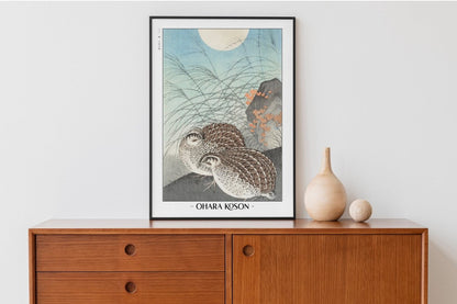 Ohara Koson - Two Quails at Full Moon - Artist Name with Decor