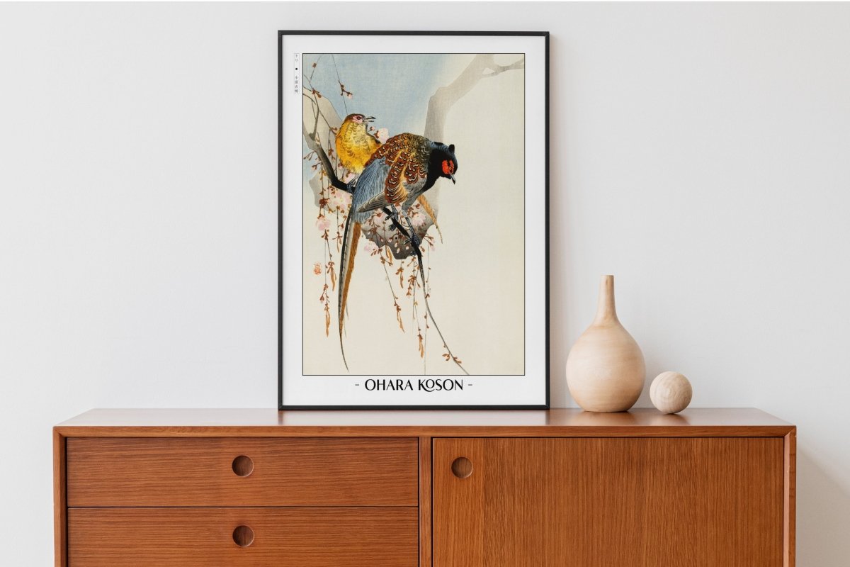 Ohara Koson - Pheasant Couple & Plum Blossom - Artist Name with Decor