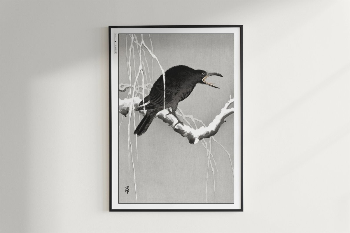 Ohara Koson - Cawing Crow on a Snowy Branch - Art Only - Black Frame