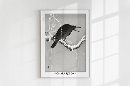 Ohara Koson - Cawing Crow on a Snowy Branch - Artist Name - White Frame