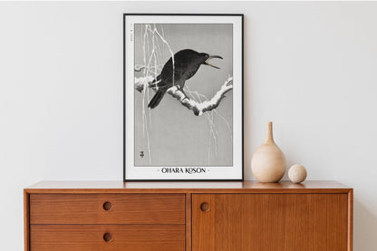 Ohara Koson - Cawing Crow on a Snowy Branch - Artist Name with Decor