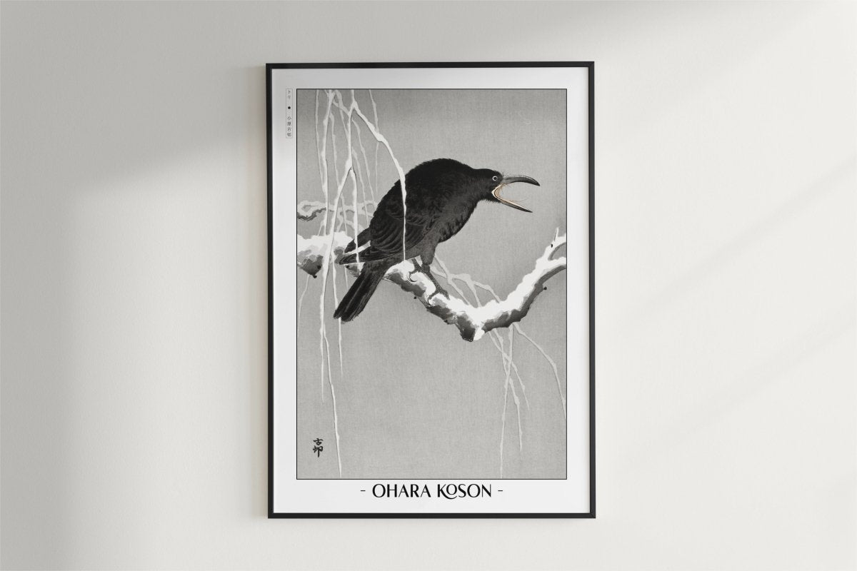 Ohara Koson - Cawing Crow on a Snowy Branch - Artist Name - Black Frame