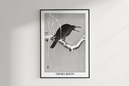 Ohara Koson - Cawing Crow on a Snowy Branch - Artist Name - Black Frame