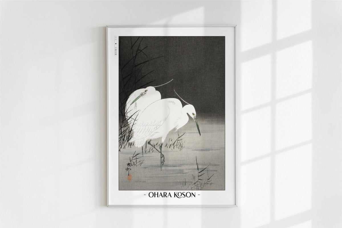 Ohara Koson - Two Egrets in the Reeds - Artist Name - White Frame