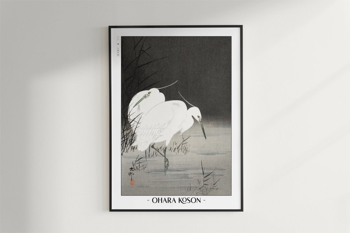 Ohara Koson - Two Egrets in the Reeds - Artist Name - Black Frame