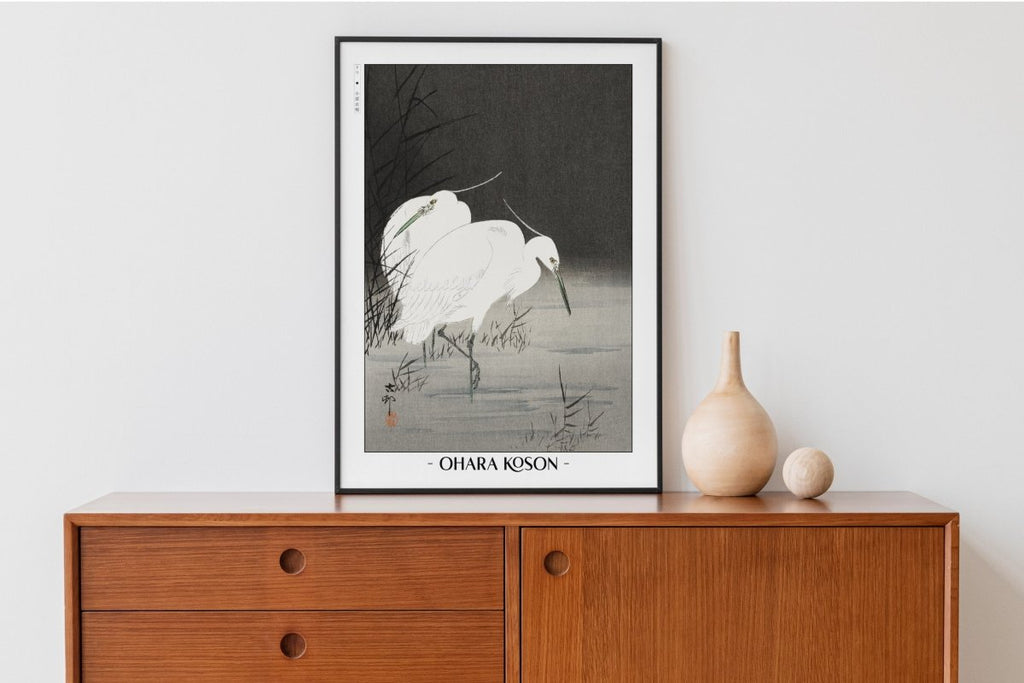 Ohara Koson - Two Egrets in the Reeds - Artist Name with Decor