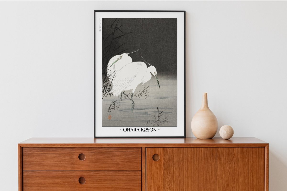 Ohara Koson - Two Egrets in the Reeds - Artist Name with Decor