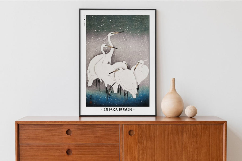 Ohara Koson - Group of Egrets - Artist Name with Decor