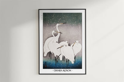 Ohara Koson - Group of Egrets - Artist Name - Black Frame