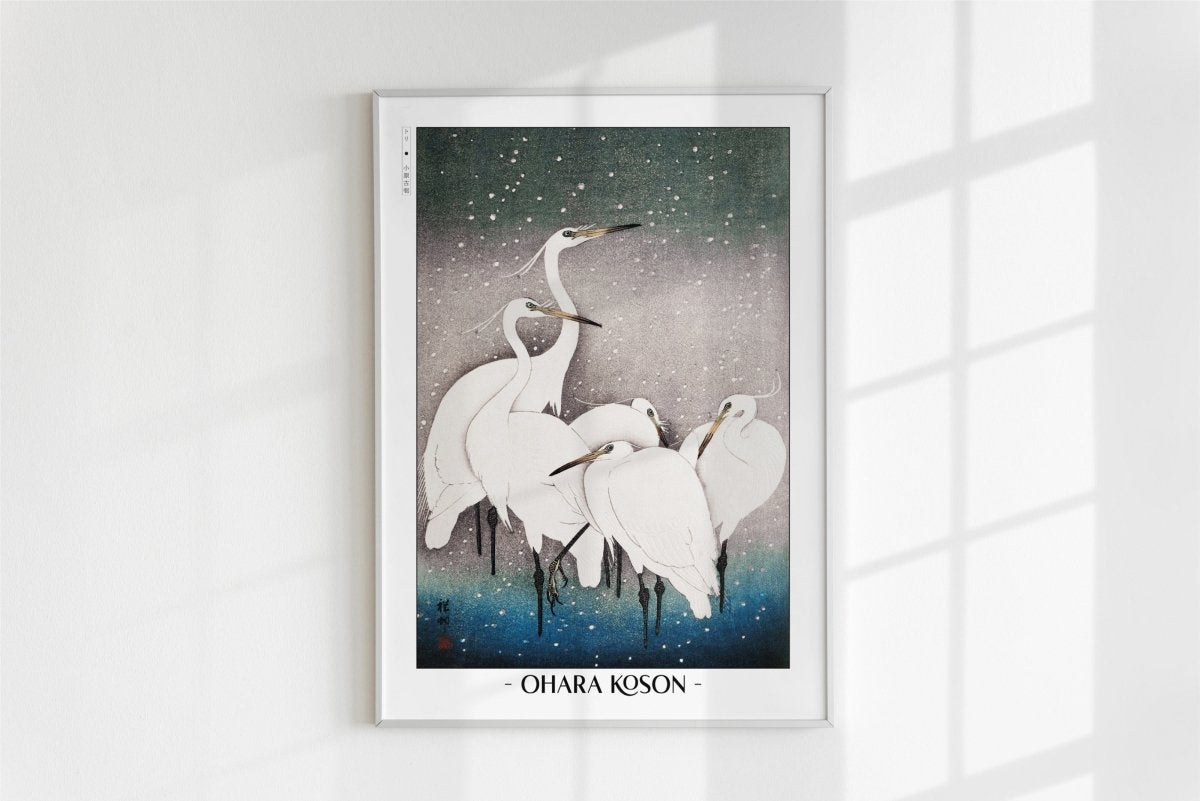 Ohara Koson - Group of Egrets - Artist Name - White Frame
