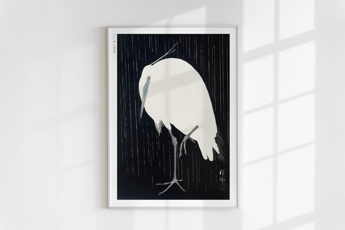 Ohara Koson - Egret in the Rain - Art Only - White Frame