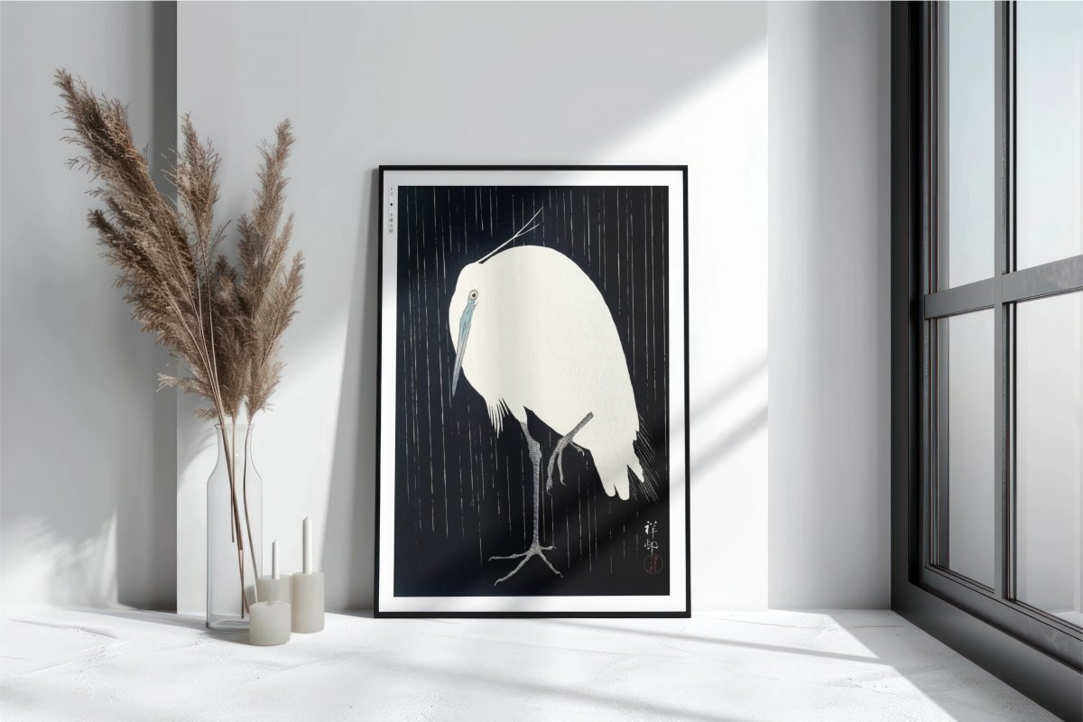 Ohara Koson - Egret in the Rain - Art Only with Decor