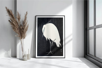 Ohara Koson - Egret in the Rain - Art Only with Decor