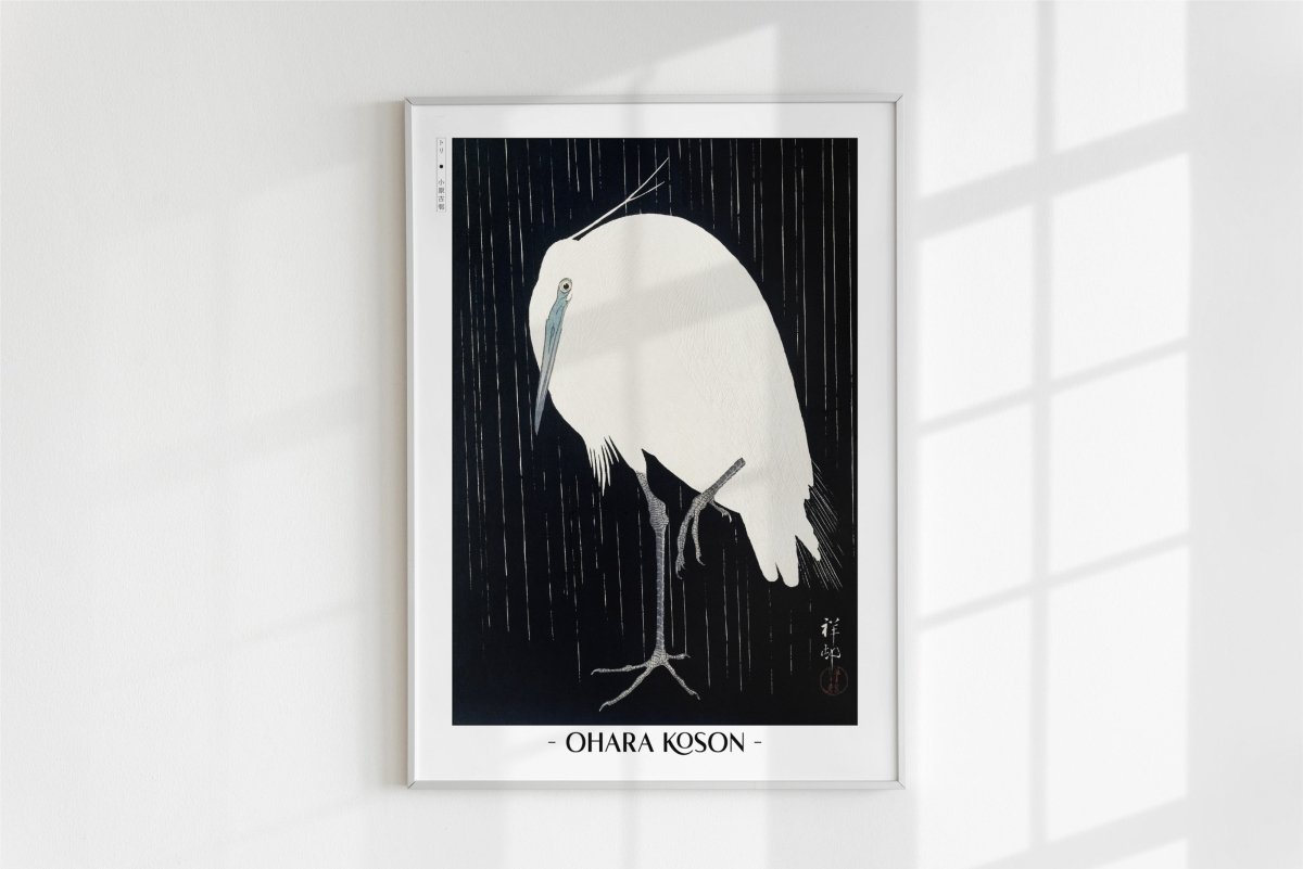 Ohara Koson - Egret in the Rain - Artist Name - White Frame