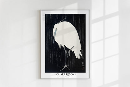 Ohara Koson - Egret in the Rain - Artist Name - White Frame