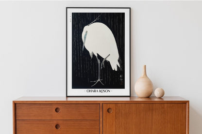 Ohara Koson - Egret in the Rain - Artist Name with Decor
